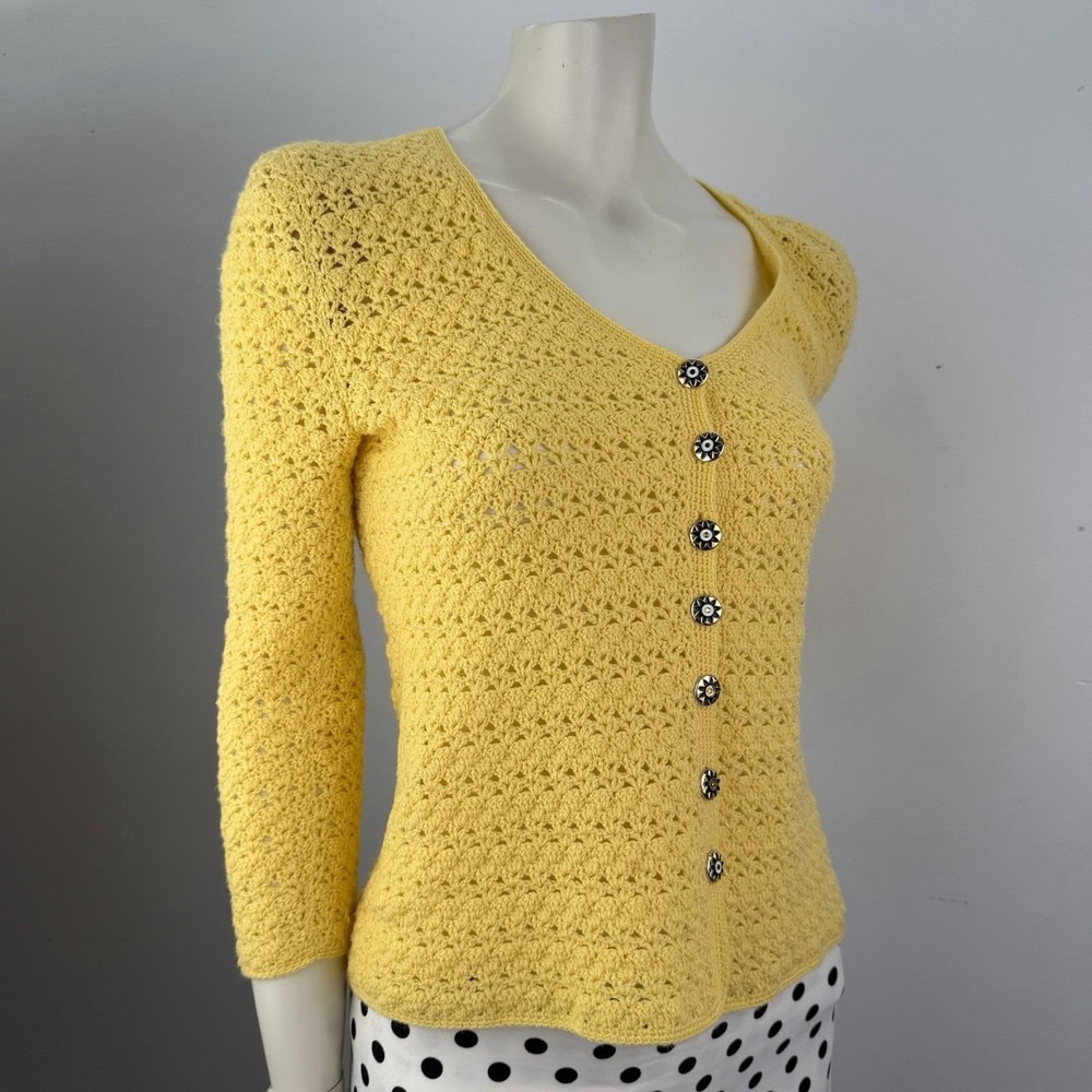 Vintage Handmade Bright Yellow Cardigan Sweater Button Front Cottagecore M